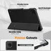 A black tablet case is shown in a studio setting with descriptive text highlighting its features. Produktbild-Vorschau