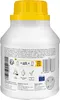 The back of a white plastic bottle with a yellow cap, showing product information and icons. Produktbild-Vorschau