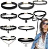 A collage of various black chokers and a lifestyle shot of a woman wearing a choker. Produktbild-Vorschau