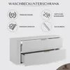 A white bathroom vanity cabinet with two drawers is shown, with icons and text highlighting its features. Produktbild-Vorschau