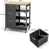 A black kitchen cart with a wooden top, shown with dimensions and a separate black storage bin. The cart has three drawers on the left and three shelves on the right. Podgląd zdjęcia produktu