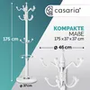 A white coat rack with a marble base, shown with dimensions and branding. Produktbild-Vorschau