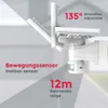 A close-up promotional image of a white motion sensor with text overlays indicating its features. Produktbild-Vorschau