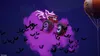 A Hot Wheels monster truck with a wolf-like design is shown in mid-air, surrounded by purple smoke and a swarm of bats. A hot air balloon is visible in the upper right corner. Produktbild-Vorschau
