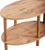 A close-up view of a two-tiered oval coffee table with a wood-grain finish and wooden legs, isolated on a white background. Podgląd zdjęcia produktu