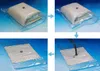 A collage of four images showing the process of vacuum sealing a blanket in a bag. Voir les images du produit
