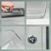 A collage of four close-up images showing details of a glass food storage container with a lid. Náhled obrázku produktu