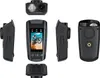 Multiple views of a black action camera with a screen displaying a cyclist. Podgląd zdjęcia produktu