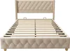 A beige upholstered bed frame with a slatted base, shown from the front. Voir les images du produit