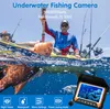 A man in a kayak holding a fishing rod, with an underwater fishing camera screen visible. Produktbild-Vorschau