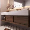 A modern bathroom vanity with a marble countertop, wooden drawers, and a built-in LED light strip. Anteprima dell’immagine prodotto