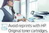 A woman is shown using a printer, with text overlay promoting HP toner cartridges. Podgląd zdjęcia produktu