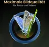 A close-up of a butterfly on a blade of grass, framed by a blue circular lens effect, with German text overlay. Produktbild-Vorschau