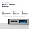 Close-up of a USB-C hub with icons and text describing its features. Produktbild-Vorschau