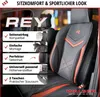 Close-up of a car seat cover with feature callouts. Produktbild-Vorschau