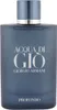 Flakon Acqua di Giò Profondo in satiniertem Dunkelblau mit zylindrischem Deckel, Giorgio Armani Schrift in Silber mittig auf der Vorderseite. Voir les images du produit