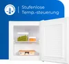 An open refrigerator with food items inside, set against a blue background with marketing text. Produktbild-Vorschau