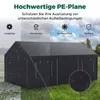 A dark-colored tent or shelter with graphics and text overlaid, illustrating its features. Produktbild-Vorschau