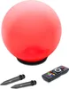 A red illuminated sphere with a black base, accompanied by a remote control and two stakes, all on a white background. Produktbild-Vorschau