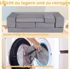 The image shows a modular children's sofa in a folded, stacked state and a close-up of a person putting a cover into a washing machine. Anteprima dell’immagine prodotto