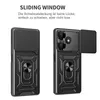 Two views of a black smartphone case with a sliding camera cover and a ring holder, presented against a white background. Produktbild-Vorschau