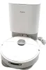 A white robot vacuum cleaner with its charging station. Voir les images du produit