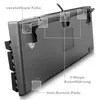 The underside of a black keyboard is shown, highlighting its features with overlay text and boxes. Produktbild-Vorschau