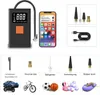 A collage of images showing a portable air compressor, a smartphone, various nozzles, a USB cable, and examples of items that can be inflated. Produktbild-Vorschau