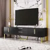 A modern living room setup featuring a black TV stand with gold accents, a large television, and decorative items. Produktbild-Vorschau