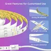 A coiled LED light strip with close-up insets showing features like adhesive backing, cutting points, and connector. Anteprima dell’immagine prodotto
