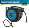 A black and teal hose reel with a black hose is mounted on a black bracket against a white background. Text and logos are present in the upper portion of the image. Produktbild-Vorschau