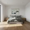 A modern bedroom with a large bed, bedside tables, and a painting on the wall. Produktbild-Vorschau