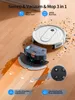 A robot vacuum cleaner with its components and features displayed on a wooden floor with scattered debris. Podgląd zdjęcia produktu