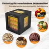 A black COSTWAY food dehydrator is shown in the center, with various food items and labels arranged around it, illustrating its versatility. Podgląd zdjęcia produktu