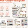A multi-functional sewing table with various compartments and accessories, presented with illustrative icons and feature callouts. Voir les images du produit