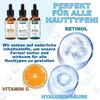 Marketing image for skincare serums, featuring product bottles, ingredients, and promotional text. Produktbild-Vorschau