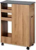 A narrow shelving unit with a gray top and wooden sides, on wheels. Náhľad obrázku produktu