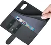 A hand is holding open a black leather wallet-style phone case, revealing credit cards and a 20 Euro bill inside. Produktbild-Vorschau