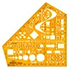 A close-up, top-down view of an orange drafting template ruler with various shapes and measurement markings. Náhľad obrázku produktu