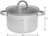 A stainless steel cooking pot with a glass lid and handles, shown from a front-side angle. Dimensions are indicated with measurement lines. Voir les images du produit