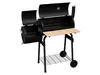 A black charcoal smoker grill with a wooden side shelf and a wire rack underneath, shown on a white background. Produktbild-Vorschau