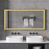 A modern bathroom vanity with two sinks, faucets, and a large illuminated mirror. Produktbild-Vorschau