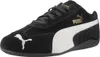 A black Puma Speedcat OG Wildleder-Sneaker with white accents and gold branding. Voir les images du produit