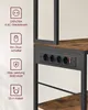 A close-up view of a power strip integrated into a shelf unit, with icons and text detailing its features. Produktbild-Vorschau