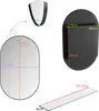 Diagrams showing the dimensions of an oval mirror cabinet and a glass shelf. Produktbild-Vorschau