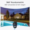 A security camera is shown in front of a house and pool at night, with text highlighting its features. Produktbild-Vorschau