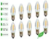 A collection of LED filament candle bulbs with descriptive text labels on the left. Produktbild-Vorschau