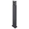 A modern, tall, dark gray bollard light with a rectangular base and a top section featuring stacked, transparent and dark gray elements. Produktbild-Vorschau