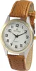 A close-up studio shot of a men's wristwatch with a white face, brown leather strap, and gold and silver accents. Produktbild-Vorschau