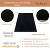 A black shaggy rug is shown with close-up views and descriptive text about its features. Produktbild-Vorschau